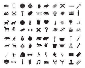 Obraz premium A collection of various black silhouettes of objects and animals on a white background silhouette