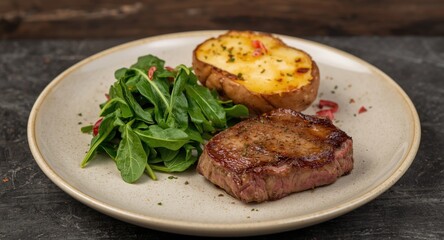 Cooked veal steak alongside pepper spiced baked potato and fresh mixed greens on a pale plate