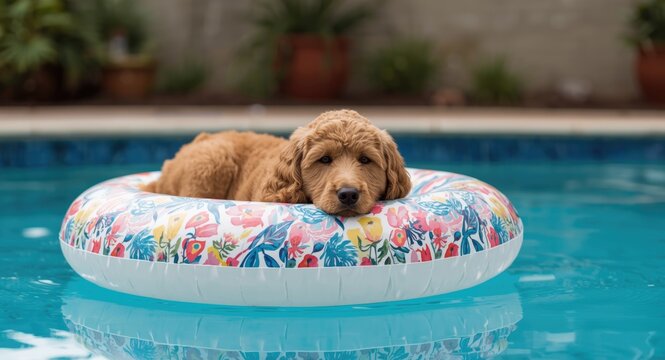 Calm Labradoodle dog resting on a decorative pool float in a backyard swimming pool with summer vibes and copy space