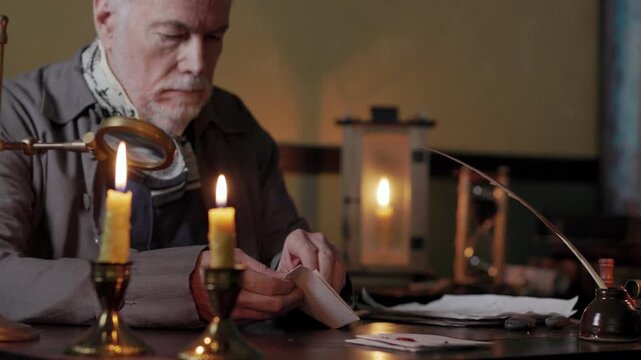 18th century man opening a letter and reading it. focus on letter