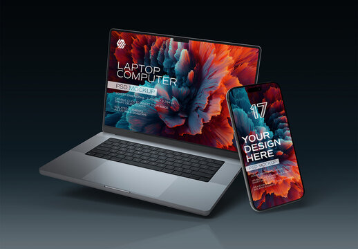 Isolated Smartphone and Laptop Mockup on Black Background