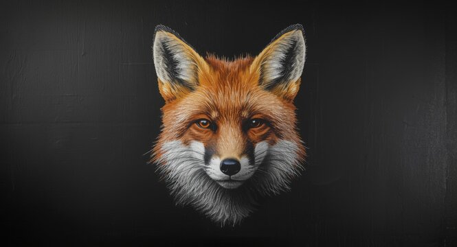 Chalk drawing depicting a lovely fox head on black canvas