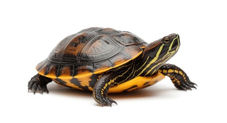 Fototapeta premium Artistic portrayal of a European pond turtle's yellow and black patterned shell on a clean white background