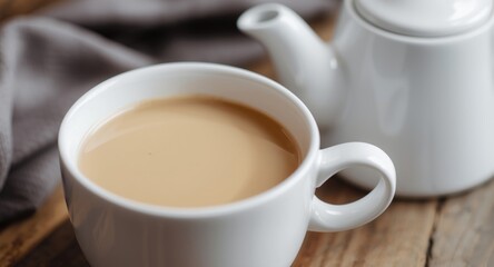 Fototapeta premium Creamy milk tea served in a white ceramic cup with a white kettle blurred behind