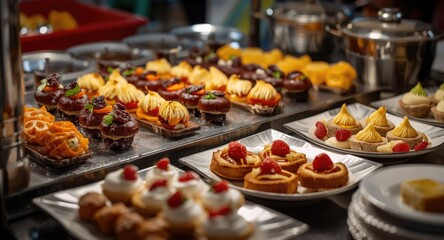 Fototapeta premium Buffet arrangement with choice starters and an assortment of sweet desserts