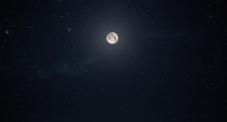 Fototapeta premium Dreamy dark sky illuminated by a luminous full moon and sparkling stars with copy space