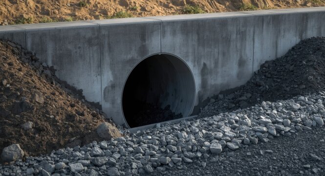 Concrete headwall for horizontal drainage pipe installed under street rainwater culvert