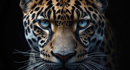 Obraz premium Close portrait of black and white jaguar highlighting blue eyes