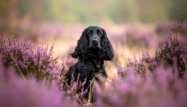 Black spaniel sits amidst blooming purple heather, soft-focused background