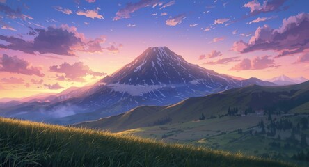 Fototapeta premium Anime mountain view with colorful dawn clouds and grassy hills in 4K resolution