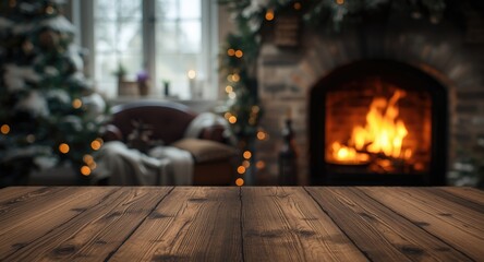 Fototapeta premium Editorial header background with softly blurred fireplace and winter rustic table