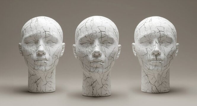 Artistic white human head sculptures with cracked textures made from styrofoam and displayed on a neutral background