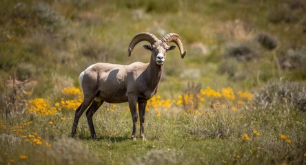 Obraz premium Bighorn sheep stands guard on lush summer lawn with complete full length profile