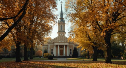 Classic Protestant church framed by rich autumn leaves in soft morning light