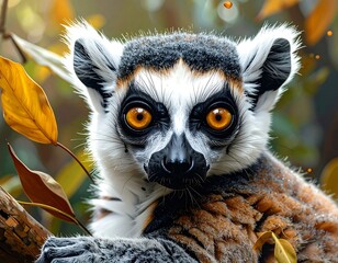 Fototapeta premium Ring-tailed lemur with striking orange eyes amidst autumnal leaves, focused portrait