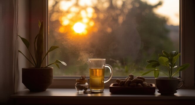 Create a peaceful home scene with turmeric ginger lemon tea as the sun sets outside