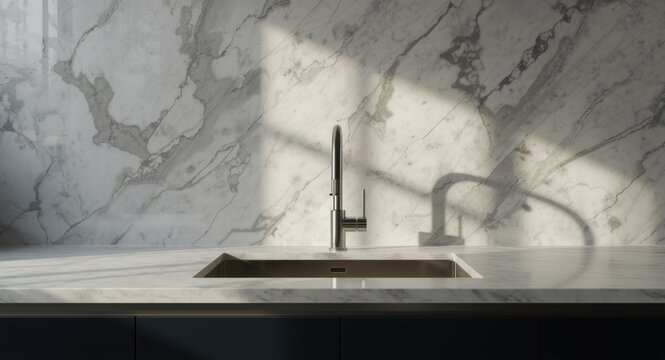 Empty countertop kitchen scene with marble backsplash and integrated faucet under natural lighting