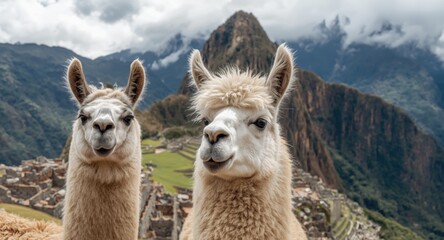 Fototapeta premium Cheerful llamas observing colorful highland peak