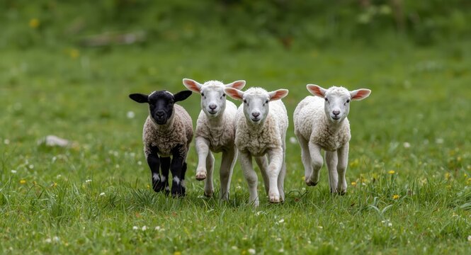 Cheerful black and white lambs jumping across green spring meadow
