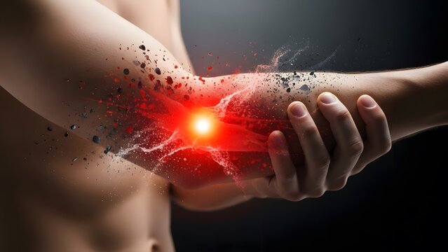 Elbow joint pain and tendonitis injury. Orthopedic medicine and physiotherapy. Man holding his arm showing explosive red pain and bone shards in the joint area
