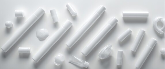 Collection of white plastic gel tubes arranged on a smooth white surface ideal for text