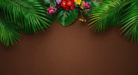 emerald tropical foliage background with palm leaves and colorful flowers on brown surface including copy space