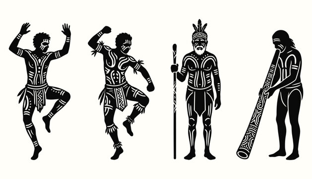 Indigenous Australian Dancers and Yidaki Musician Silhouettes