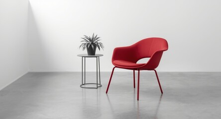 Monochrome red chair positioned near a plant and side table in a minimalist isometric room