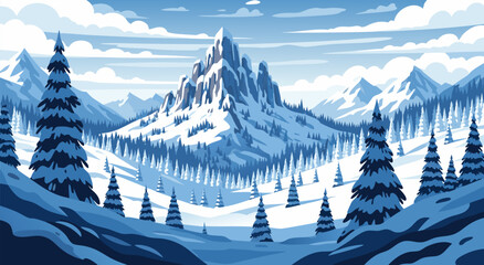Serene Winter Mountain Landscape Vector Illustration With Snow-Covered Trees And Peaks © Purnomo