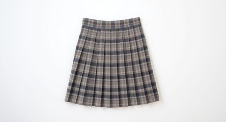 A neatly displayed pleated skirt with plaid pattern for school uniforms on a white wall