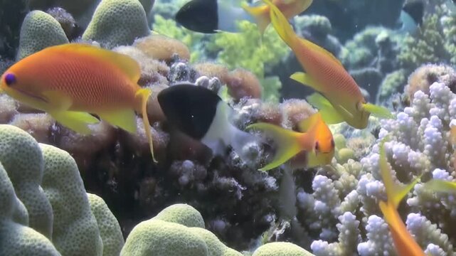 Dazzling orange anthias gracefully navigate a vibrant underwater coral reef. They swim past intricate stony corals and delicate branching formations thriving under sunlit ocean waters.