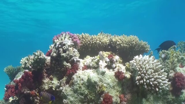 A stunning underwater world reveals a vibrant coral reef. Diverse hard and soft corals flourish in clear blue waters under bright daylight, with a colorful angelfish swimming by.