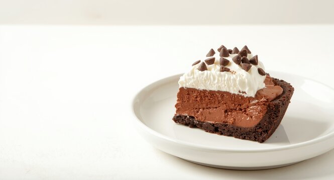 Chocolate mud pie treat featuring a fluffy whipped cream layer and dark chocolate chips on a simple white dish