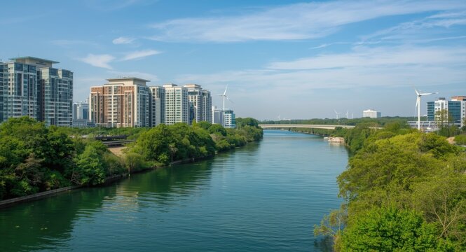 Clean energy driven cityscape beside a natural river setting