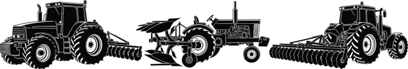 Agricultural tractors with plow and disc harrow farming machinery black vector illustration isolated farm equipment collection © Nayan