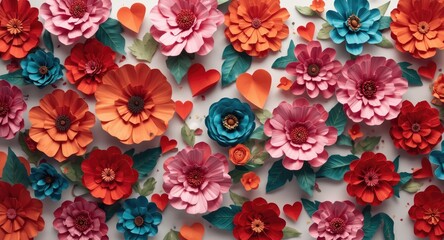 Obraz premium Crafted colorful paper flowers and hearts creating a festive continuous design