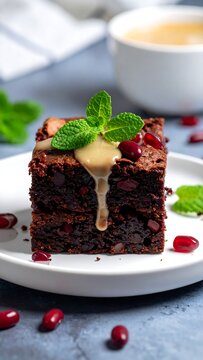 Rich, dark brownie square topped with sauce, pomegranate seeds, and mint on white plate