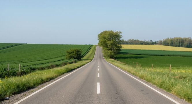 Countryside road cutting through green spring crop fields with copyspace
