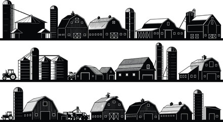 Farm buildings silhouettes panorama with barns silos grain storage and rural agriculture landscape black vector illustration isolated set © Nayan
