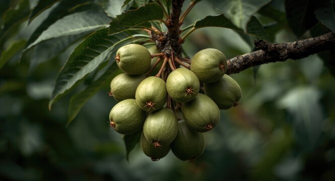 A cluster of kiwi fruit growing on a strong tree branch