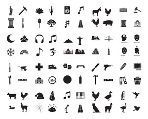 Fototapeta premium A collection of various black silhouettes of objects and animals on a white background silhouette