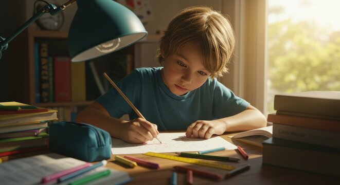 Young student writing at desk under a lamp education and learning concept