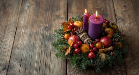 Obraz premium Advent wreath centerpiece with twin glowing purple candles and autumn leaves plus fruits on textured wooden table backdrop
