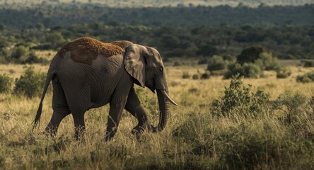 Fototapeta premium Elephant with weathered hide wandering through vast natural wilderness