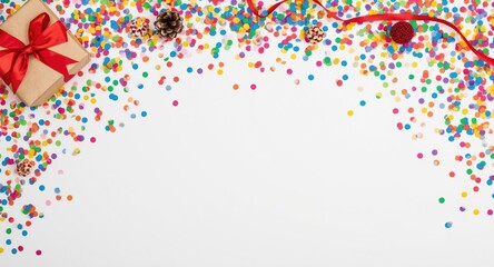 Obraz premium Colorful confetti and holiday decor surrounding a gift box on white table top down angle with clean copy space