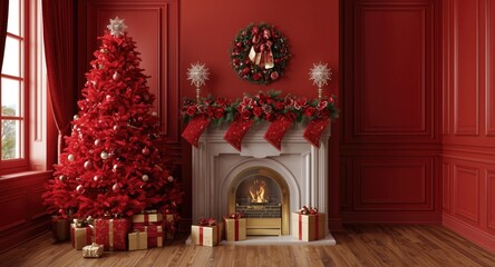 Fototapeta premium Decorated red Christmas tree with gift packages in elegant New Year living space