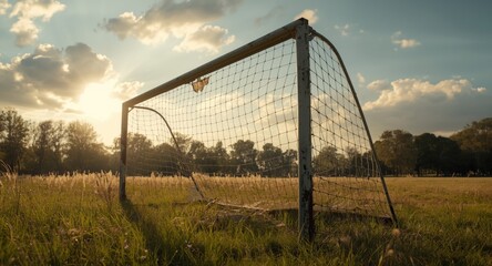 Aged soccer goalposts featuring patched nets in a park meadow for local team games