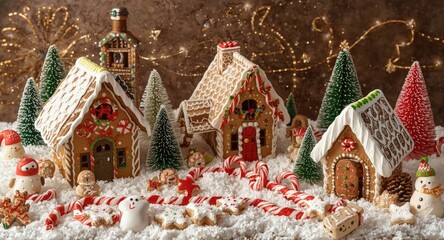 Obraz premium Cozy Christmas candy village with gingerbread cottages and holiday sweets