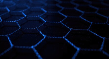 Obraz premium Bright blue hexagon network pattern with wire fence aesthetics on black surface