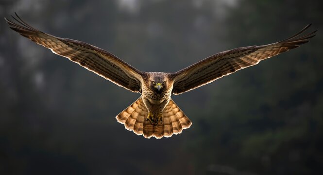 A red tailed hawk with sharp eyes flying high above